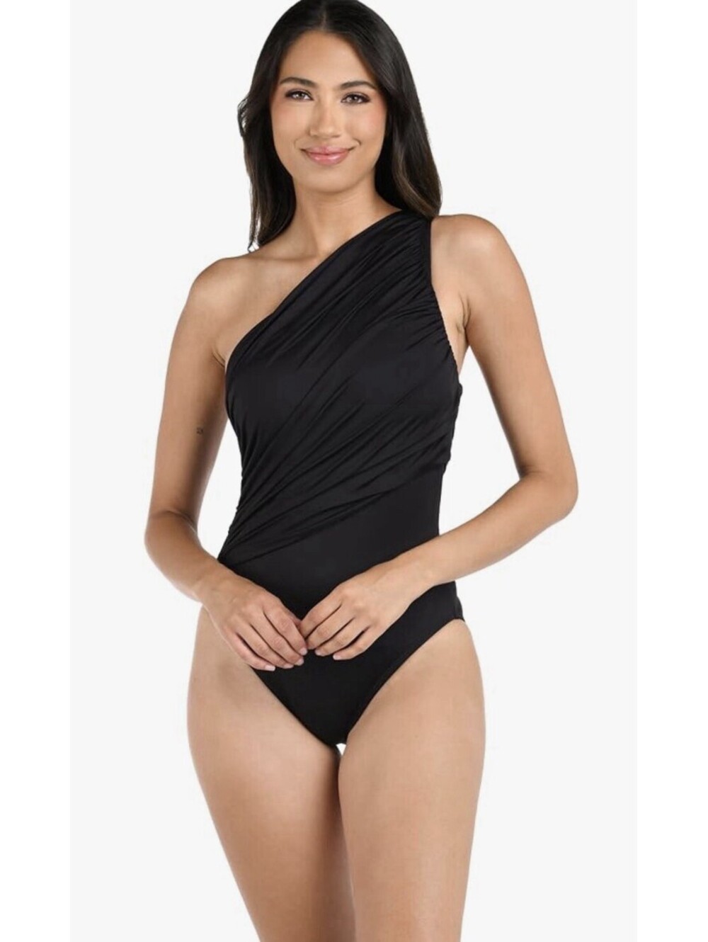 La Blanca Island Goddess Shirred One-Piece Swimsuit Tummy Control Size 8 Black